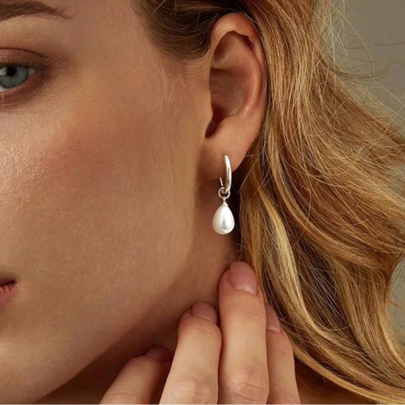 Jewelry - Stainless Steel Pearl Drop Huggie Earrings | Silver Tone Minimal Hoops